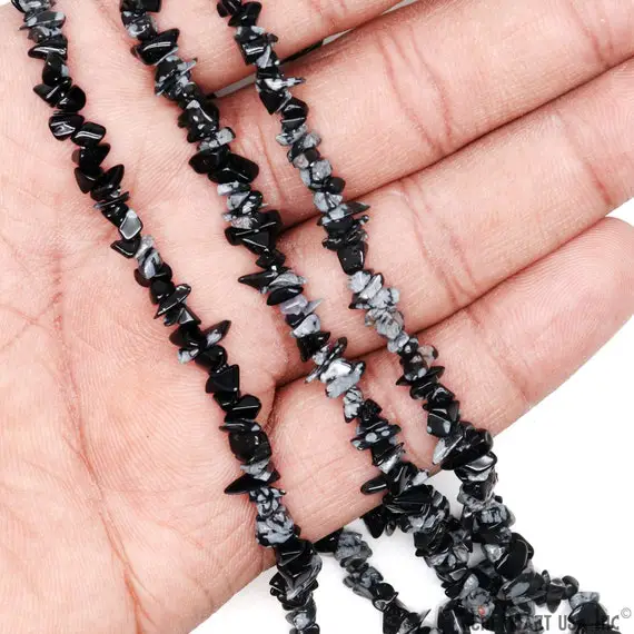Black Obsidian Chip Beads, 34 Inch, Natural Chip Strands, Drilled Strung Nugget Beads, 3-7mm, Polished, Gemmartusa (chbo-70001)