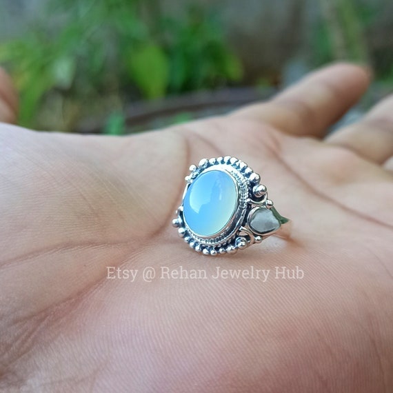 Natural Blue Calcite Stone 925 Sterling Silver Ring Handmade Jewelry, Beautiful Leaf Design Pear Silver Ring