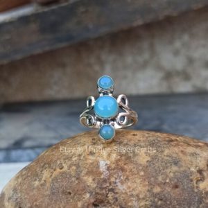Shop Blue Calcite Rings! Natural Blue Calcite Stone 925 Sterling Silver Ring, Three Stone Ring, Handmade Jewelry, Fashionable Ring, Gift Item | Natural genuine Blue Calcite rings, simple unique handcrafted gemstone rings. #rings #jewelry #shopping #gift #handmade #fashion #style #affiliate #ad