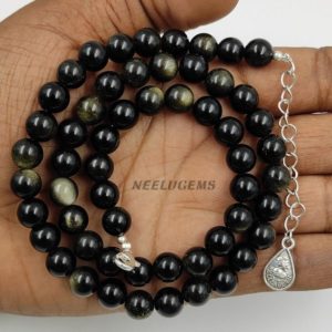 Shop Golden Obsidian Necklaces! Natural Golden Obsidian Stone Round Beaded Necklace,Natural Beads Necklace For Men & Women,18 Inches Round Bead Necklace,8 MM Round Beads | Natural genuine Golden Obsidian necklaces. Buy handcrafted artisan men's jewelry, gifts for men.  Unique handmade mens fashion accessories. #jewelry #beadednecklaces #beadedjewelry #shopping #gift #handmadejewelry #necklaces #affiliate #ad