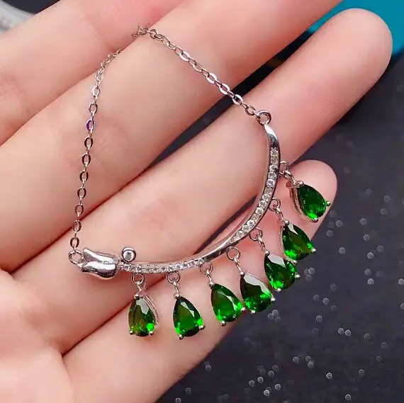 Natural Green Chrome Diopside  Necklace, S925 Sterling Silver, Handmade Engagement Gift For Women Her