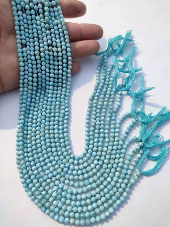 Natural Larimar Round Faceted Rondelle Beads | Size 4-4.5 Mm Beads For Jewelry Making | Wholesale Gemstone Beads Supplier |