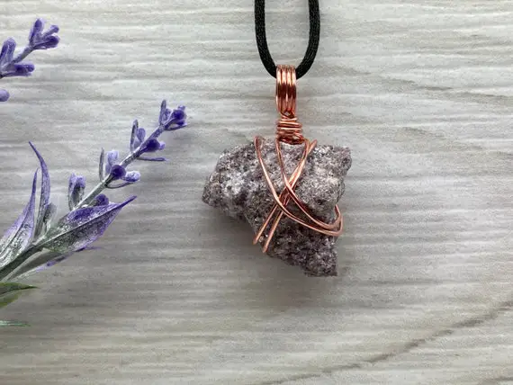 Natural Lepidolite Necklace, Copper Wire Wrap, Raw Purple Stone Pendant, Aries Zodiac Crystal Jewelry