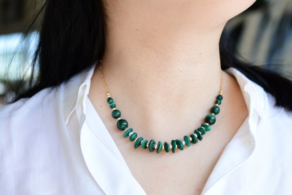 Natural Malachite Necklace With Freshwater Pearls | Flat Malachite Beaded Necklace | 14k Gold Filled | Bohemia Crystal Necklace