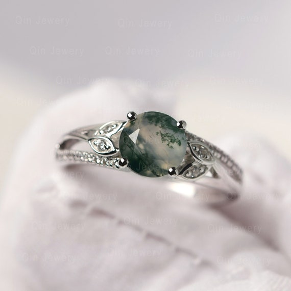Natural Moss Agate Ring Solid Silver Round Shaped 7 Mm Twig Wedding Ring For Women