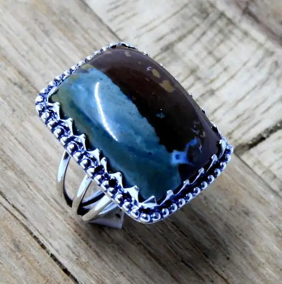Natural Opalized Petrified Wood  Sterling Silver Jewelry Ring