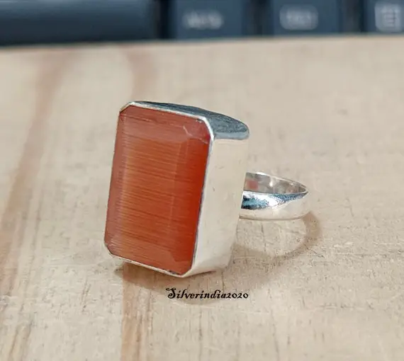 Natural Orange Calcite Ring*925 Sterling Silver* Handmade Ring*emerald Cut Calcite* Gift For Her*anniversary Ring* Party Wear Ring.