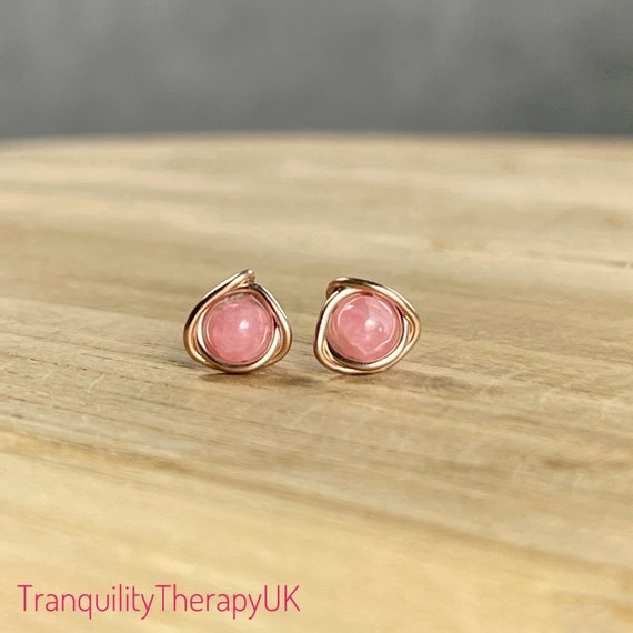 Natural Pink Rhodochrosite Stud Earrings. Eternity Knot Roses Style. Sterling Silver. 14k Gold / Rose Gold Filled. Incl Gift Box Wrapping.