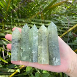 Shop Prehnite Stones & Crystals! Natural Prehnite Tower With Black Rutile, Prehnite Point, Crystal Tower Point, Healing Crystal, 2.5Inches-4Inches | Natural genuine stones & crystals in various shapes & sizes. Buy raw cut, tumbled, or polished gemstones for making jewelry or crystal healing energy vibration raising reiki stones. #crystals #gemstones #crystalhealing #crystalsandgemstones #energyhealing #affiliate #ad