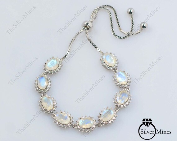 Natural Rainbow Moonstone Bracelet/ 925 Sterling Silver/ Tie Bracelet/ Adjustable Bracelet/ Blue Fire Gemstone/ June Birthstone/gift For Her