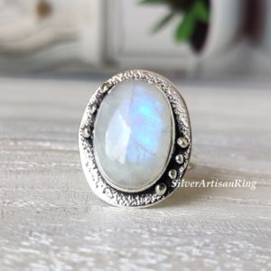 Shop Rainbow Moonstone Rings! Natural Rainbow Moonstone Ring- Blue Fire Moonstone Ring- Handmade Silver Ring- 925 Sterling Silver- Gift for her- Promise Ring | Natural genuine Rainbow Moonstone rings, simple unique handcrafted gemstone rings. #rings #jewelry #shopping #gift #handmade #fashion #style #affiliate #ad