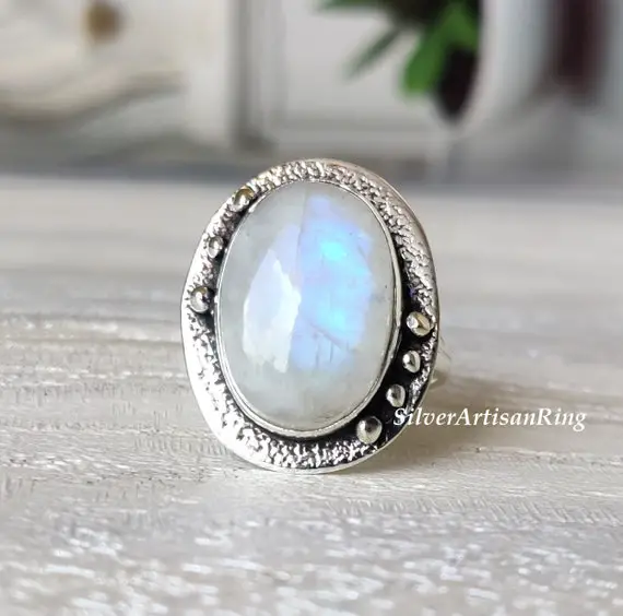Natural Rainbow Moonstone Ring- Blue Fire Moonstone Ring- Handmade Silver Ring- 925 Sterling Silver- Gift For Her- Promise Ring