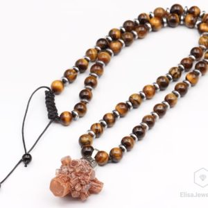 Shop Aragonite Jewelry! Natural Raw Aragonite Pendant Necklace Men's Natural Tiger Eye Beaded Protection Healing Gemstone Gift For Him Unisex Christmas Gift | Natural genuine Aragonite jewelry. Buy crystal jewelry, handmade handcrafted artisan jewelry for women.  Unique handmade gift ideas. #jewelry #beadedjewelry #beadedjewelry #gift #shopping #handmadejewelry #fashion #style #product #jewelry #affiliate #ad