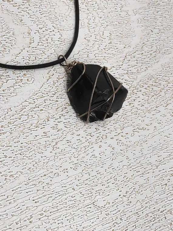 Natural Raw Black Obsidian Pendant, Healing Protection Pendant, Gun Metal Wire Wrapped Raw Stone Necklace, Reiki Necklace, Natural Gemstone