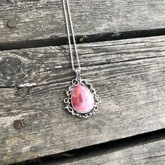 Natural Rhodochrosite Stone Silver Pendant, Pink Rhodochrosite Silver Necklace, Unique Design Piece, Skin-touch Design, Gift For Her Mother