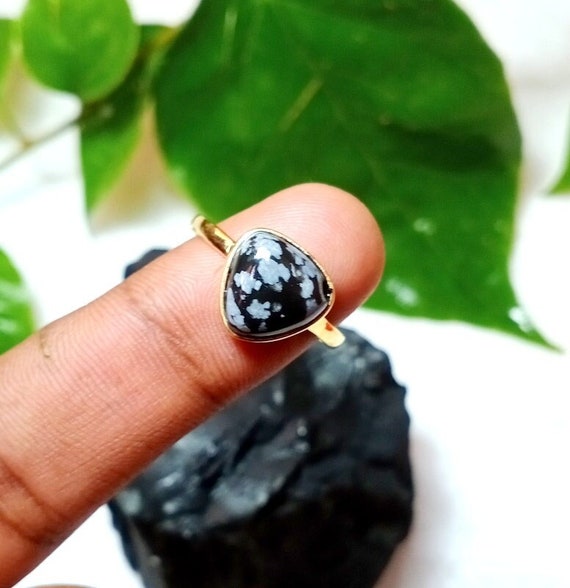 Natural Snowflake Obsidian Ring - 10mm Trillion Obsidian Ring - 925 Sterling Silver Ring - 18k Micron Gold Plated - Jewelry Silver Ring