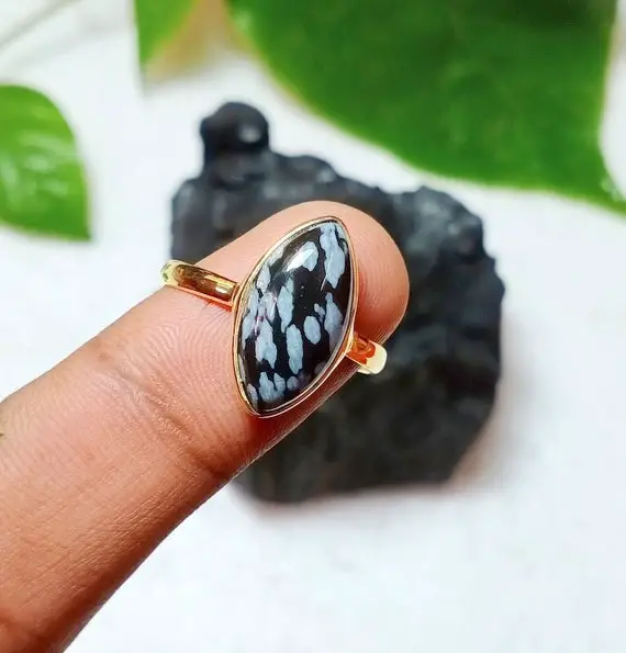 Natural Snowflake Obsidian Ring - 8x16mm Marquise Shape Ring - 18k Micron Gold Plated Ring - 925 Silver Ring - Handmade Ring - Gift For Her