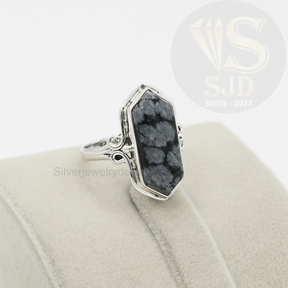 Natural Snowflake Obsidian Ring, 925 Sterling Silver, Obsidian Ring, 8x20 Mm Hexagon Gemstone Ring, Silver Ring, Statement Ring, Womens Ring