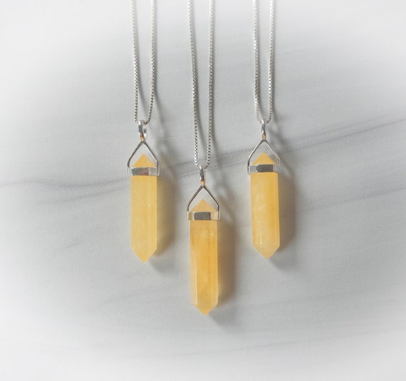 Natural Yellow Calcite Necklace, Honey Calcite Pendant, Orange Calcite Point, Sterling Calcite Pendant, Yellow Crystal, Gemstone Appeal, Gsa