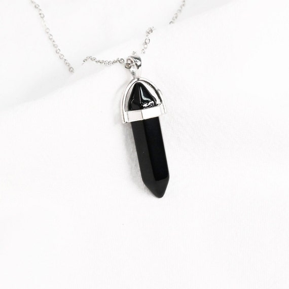 Obsidian Crystal Point Pendant Silver Necklace - Obsidian Crystal Necklace - Obsidian Necklace - Pendant Necklace - Silver Necklace