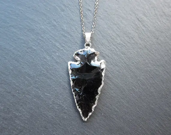 Obsidian Necklace Silver Arrowhead Necklace Black Arrowhead Pendant