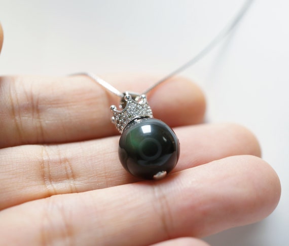 Obsidian Necklace - Sterling Silver Royal Crown Rainbow Obsidian Pendant - Crown Necklace