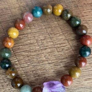 Shop Ocean Jasper Bracelets! Ocean Jasper Bracelet, real crystals, 8mm beads, with amethyst charm | Natural genuine Ocean Jasper bracelets. Buy crystal jewelry, handmade handcrafted artisan jewelry for women.  Unique handmade gift ideas. #jewelry #beadedbracelets #beadedjewelry #gift #shopping #handmadejewelry #fashion #style #product #bracelets #affiliate #ad