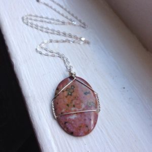 Shop Ocean Jasper Necklaces! Ocean Jasper Necklace – Simple Wire Wrap Pendant – Large Oval Pendant – Pink Oval Pendant – Pink Statement Necklace Silver – Pink Jasper | Natural genuine Ocean Jasper necklaces. Buy crystal jewelry, handmade handcrafted artisan jewelry for women.  Unique handmade gift ideas. #jewelry #beadednecklaces #beadedjewelry #gift #shopping #handmadejewelry #fashion #style #product #necklaces #affiliate #ad