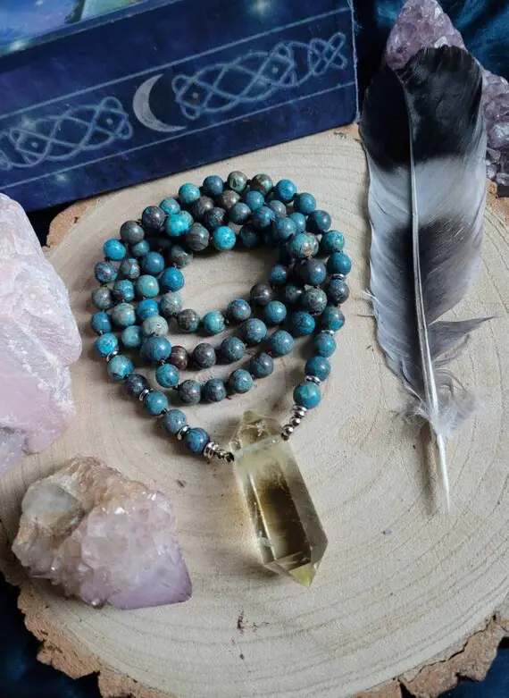 Ocean Jasper Necklace With Smoky Citrine Double Terminated Point Pendant Knotted Mala Witchy Gift For Him Or Her