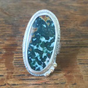 Shop Ocean Jasper Rings! OCEAN Jasper Ring / SIZE 7 / Etched & Patterned Silver w/ 14k Yellow GOLD Bead Adornments / Green Random Orbs / Made in Monterey California! | Natural genuine Ocean Jasper rings, simple unique handcrafted gemstone rings. #rings #jewelry #shopping #gift #handmade #fashion #style #affiliate #ad