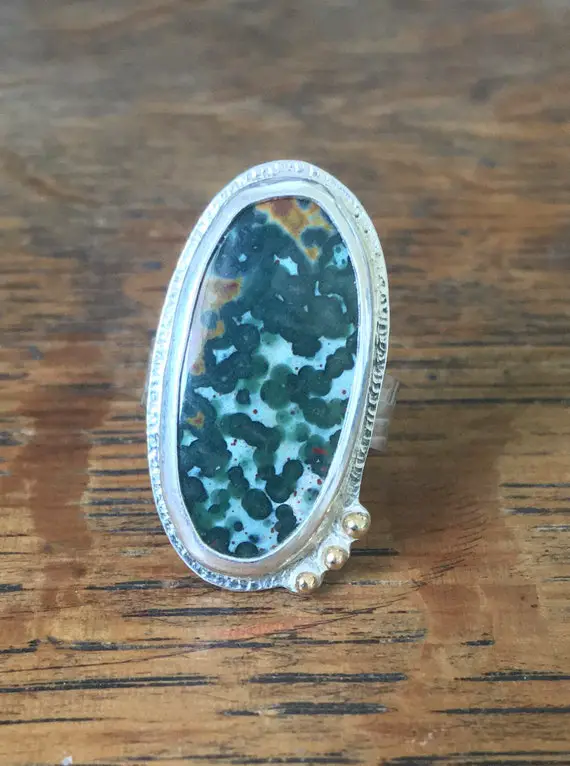 Ocean Jasper Ring / Size 7 / Etched & Patterned Silver W/ 14k Yellow Gold Bead Adornments / Green Random Orbs / Made In Monterey California!