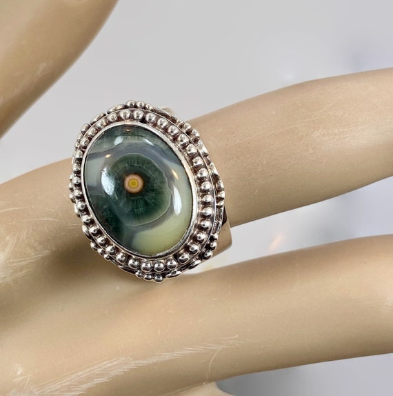 Ocean Jasper Ring, Sterling Silver, Sajen, Designer, Eye Ring, Stone, Size 9, Adjustable, Vintage Ring, Bali, Statement Ring
