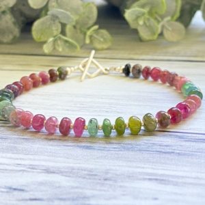 Shop Watermelon Tourmaline Bracelets! Ombre watermelon tourmaline bracelet, delicate natural stone bracelet, gemstone bracelet gift for her, dainty stack bracelet, candy bracelet | Natural genuine Watermelon Tourmaline bracelets. Buy crystal jewelry, handmade handcrafted artisan jewelry for women.  Unique handmade gift ideas. #jewelry #beadedbracelets #beadedjewelry #gift #shopping #handmadejewelry #fashion #style #product #bracelets #affiliate #ad