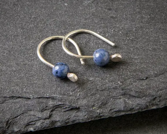 Open Hoop Earrings - Sterling Silver Earrings - Blue Dumortierite Earrings - Minimalist Earrings - Small Hoop Earrings - Everyday Earrings
