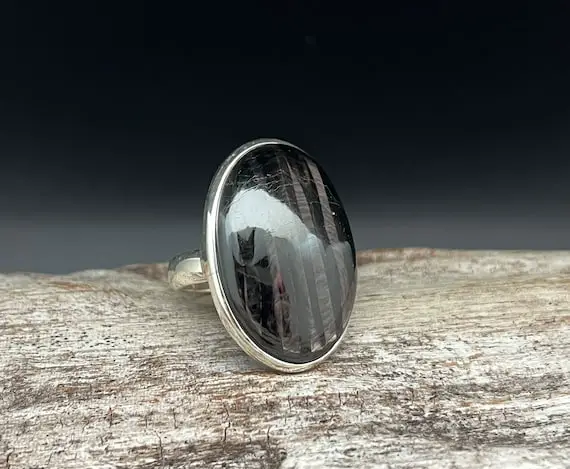 Oval Shape Black Obsidian Ring // 925 Sterling Silver // Size 9.5