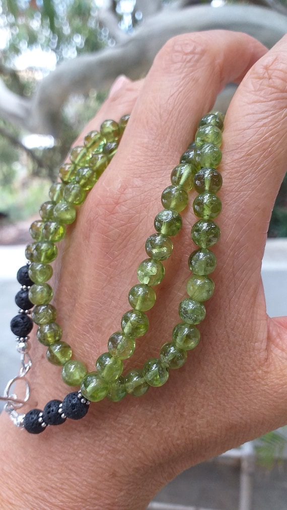 Peridot Round Beads 6.5mm Necklace With Natural Lava And 925 Bali Silver, August Birthstone, Genuine Peridot Bead Necklace Peridot Stone