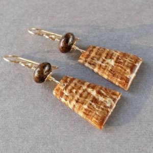 Shop Aragonite Jewelry! Peruvian Banded Aragonite Earrings, 14K Gold Filled, Brown Bronzite, Lightweight Trapezoid Stone, Unique Natural Gemstone, Leverback Option | Natural genuine Aragonite jewelry. Buy crystal jewelry, handmade handcrafted artisan jewelry for women.  Unique handmade gift ideas. #jewelry #beadedjewelry #beadedjewelry #gift #shopping #handmadejewelry #fashion #style #product #jewelry #affiliate #ad