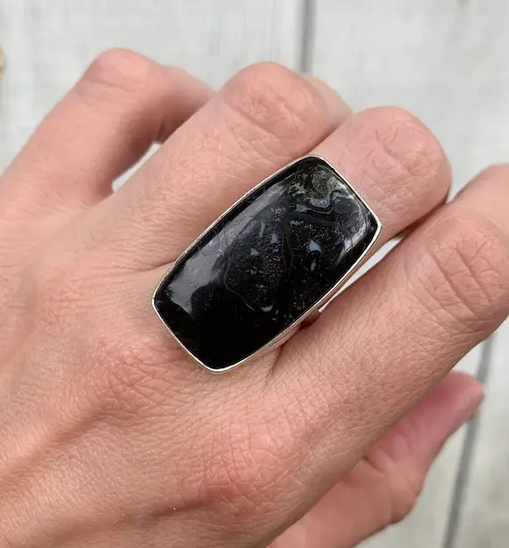 Petrified Black Palm Wood Ring With Periwinkle Blue Accents Sterling Silver Ring | Unique Gemstone Ring | Cocktail Ring | Boho