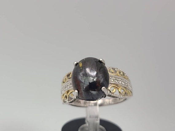 Petrified Wood And Clear Zircon Ring, 925 Silver And Gold Vermeil Petrified Wood Ring, Clear Zircon Ring, Size 7.25 Item W#2550