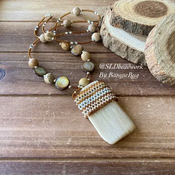 Petrified Wood Necklace Wrapped Stone Jewelry Southwestern Brown Seed Bead Peyote Beaded Pendant Boho Tribal Boho Unique Jewelry Women Men