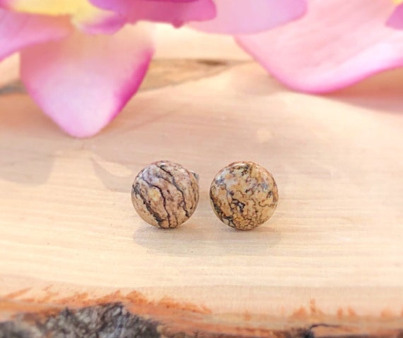Picture Jasper Earrings Studs, 8mm Brown Natural Round Gemstone, Healing Crystal Stud, Silver, Earthy, Immune System, Balance, Inner Peace