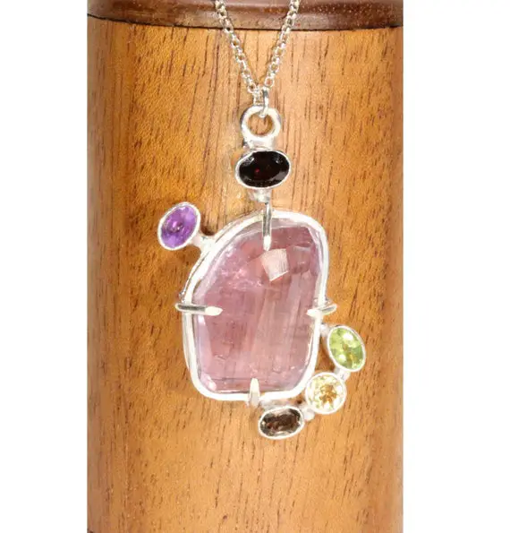 Kunzite Necklace, Pink Crystal Necklace, Abstract Necklace, Statement Necklace, Amethyst, Topaz, Peridot, Garnet, Sterling Silver Chain