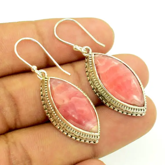 Pink Rhodochrosite Earring, Solid 925 Sterling Silver Earring, Handmade Earring, Jewellery For Bride, Anniversary Gifts For Wife, Fsj-4870