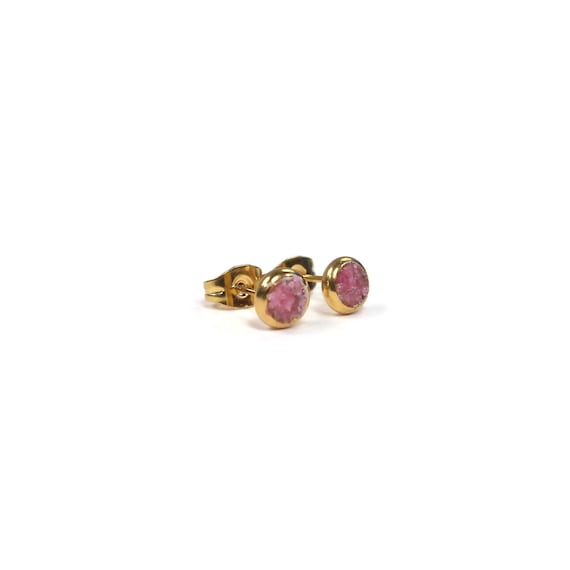 Pink Rhodonite Crushed Stone 4mm Gold Plated Stud Earrings