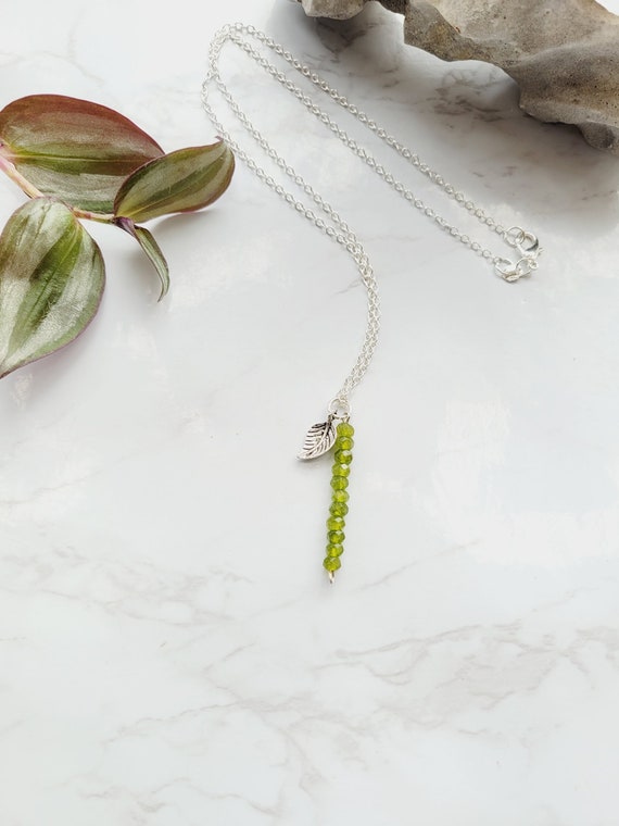 Prehnite Necklace, Faceted Prehnite, Dainty Necklace, Silver Necklace,  Leaf Charm, Nature, Heart Chakra, Libra, Gifts For Mom, Christmas