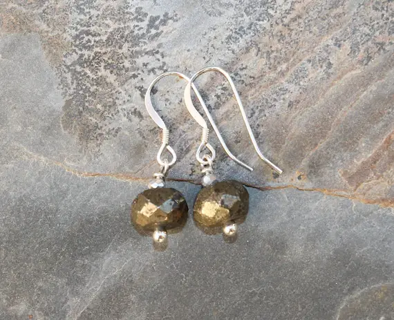 Pyrite Earrings, Natural Stone Earrings, Gray Earrings, Sterling Silver Earrings, Bohemian Earrings, Earthy Earrings, Metallic Earrings