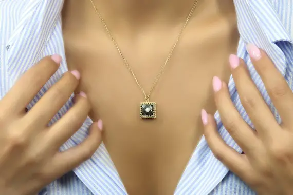 Pyrite Necklace · 14k Gold Pyrite Pendant · Square Necklace · Vermeil Necklace · Gemstone Pendant Necklace