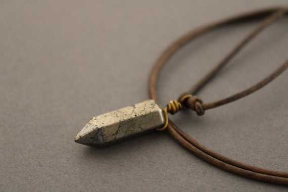 Pyrite Necklace Wire Wrapped On Brown Leather Cord