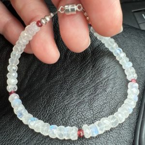 Shop Rainbow Moonstone Bracelets! Dainty Rainbow Moonstone & Garnet bracelet, beaded gemstone bracelet, simple stacking bracelet, Bridesmaid gifts | Natural genuine Rainbow Moonstone bracelets. Buy crystal jewelry, handmade handcrafted artisan jewelry for women.  Unique handmade gift ideas. #jewelry #beadedbracelets #beadedjewelry #gift #shopping #handmadejewelry #fashion #style #product #bracelets #affiliate #ad