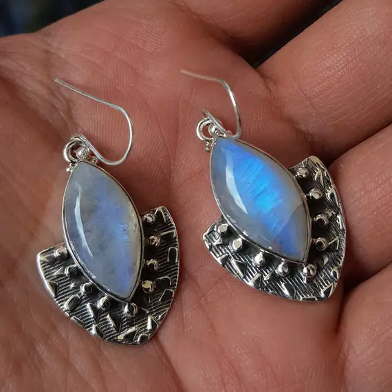 Rainbow Moonstone Earrings, Handmade Jewelry, 925 Sterling Silver, Natural Moonstone, Dangle Drop Earrings, Gift For Her, Statement Earrings